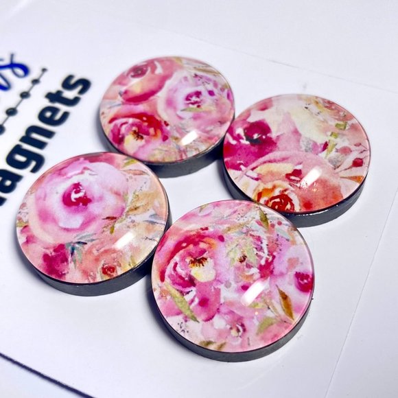 Set of 4 Magnets - Spring Floral Pink Glass Refrigerator Kitchen Whiteboard - Picture 2 of 3